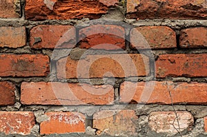 Old wall with red bricks close-up.