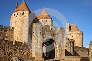 Old walled citadel. Narbonne gate. Carcassonne. France