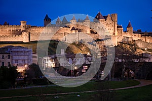 Old walled citadel at night. Carcassonne. France