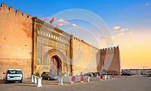 Old walls and gate Bab El-Mansour at El Hedim square in Meknes. Morocco, North Africa