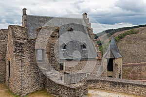 Old walls ruin medieval castle Bourscheid in Luxembourg