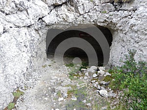 Old war tunel in sass di stria in dolomites photo