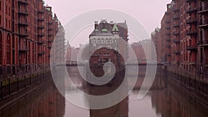 The old warehouse district Speicherstadt in Hamburg, Germany in winter.