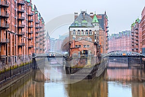 The old warehouse district Speicherstadt in Hamburg, Germany in winter.