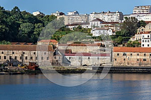 Old warehouses and docks along the Douro River in Gaia, Portugal