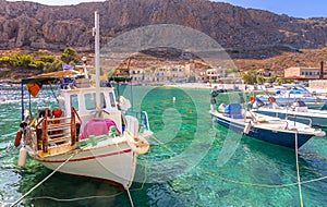 Old warehouses in the small port of Gerolimenas village, Mani region, Lakonia, Peloponnese, Greece