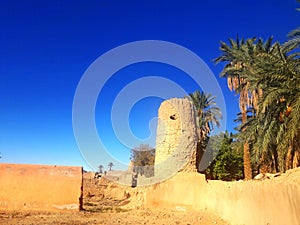 An old watch  tower standing in a garden in the oasis of Figuig