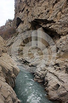 Old watchtowers in Argun Canyon in Chechnya mountains