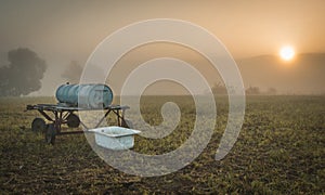 old water barrel on a cart in the fields on a farm in autumn during sunrise