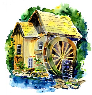 Old water mill watercolor. Wooden mill surrounded by green forest