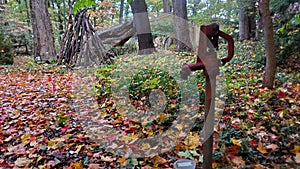 Old water pump in the woods with colorful foilage