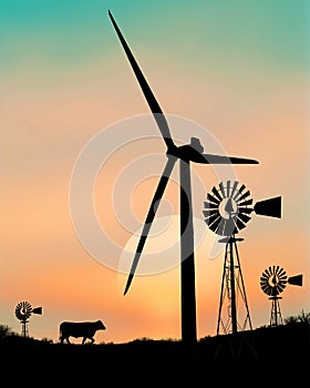 An old water pumping windmill stands in contrast to the giant energy producing wind turbine