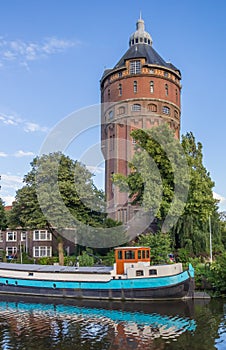 Old water tower at a canal in Groningen