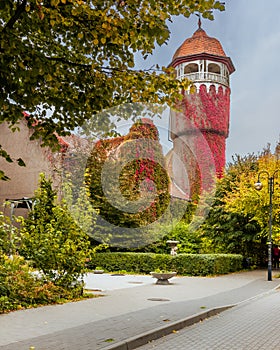 Old water tower, one of the symbols of the city Svetlogorsk at autumn. Russia