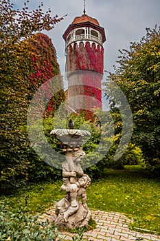 Old water tower, one of the symbols of the city Svetlogorsk at autumn. Russia