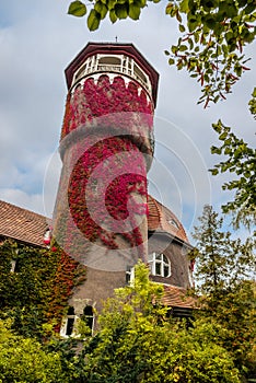 Old water tower, one of the symbols of the city Svetlogorsk at autumn. Russia