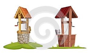 Old water wells made of stone and wood. Village well with a rope, a bucket and wooden elements. Colorful vector