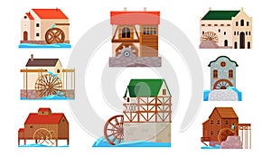 Old watermills set, vintage traditional stone and wooden houses with wheel to grind flour