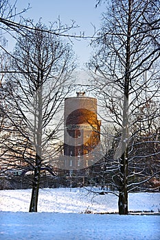 Old watertower with snow in winter