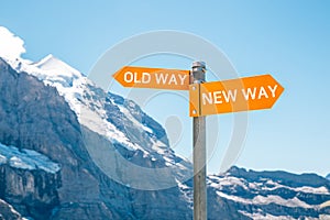 Old way or new way choice text panel with snowy mountain background