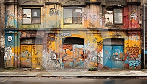 Old, weathered, abandoned building in run down cityscape with graffiti generated by AI