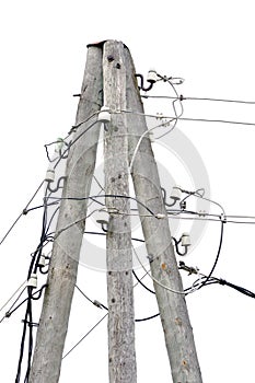 Old weathered aged wooden electricity pole post, wire hub cables, isolated vintage closeup