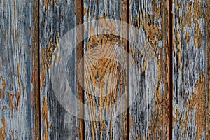 Old weathered boards vertical shabby cracked paint yellow close-up texture old wood background grunge