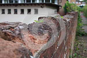 Old weathered crumbling brick wall