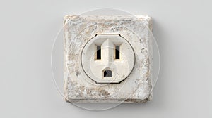 Old And Weathered Electrical Outlet On Wall. Vintage Design And Rustic Texture
