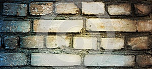 Old weathered grey brick wall closeup background