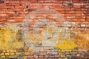 Old and weathered grungy yellow and red brick wall as seamless pattern texture background