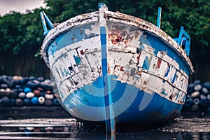 an old an weathered out boat lying in front of a pile of Tires