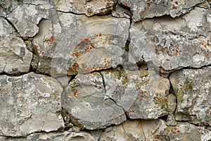 Old, weathered stone surface depicting the rough texture and impact of weather over centuries. AI generated. photo