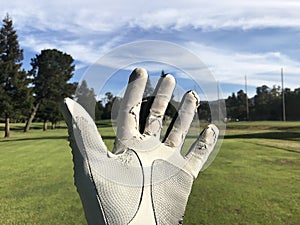 Old weathered white golf glove on the raised and open left hand. Blurred golf course with beautiful sky