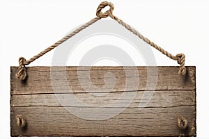 Old weathered wood sign, hanging by old rope from a nail, isolated on white Generative AI