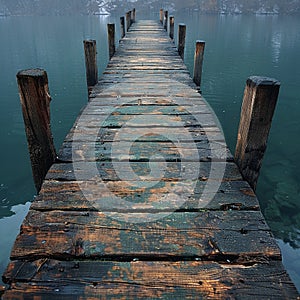 Old weathered wooden dock over water