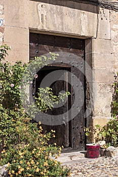 an old, weathered wooden door with blooming flowers and a red bucket, set in a stone wall