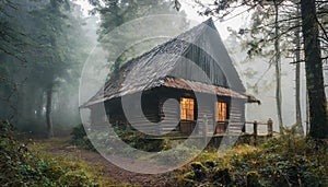 Old weathered wooden house with light in windows in the middle of spooky misty forrest