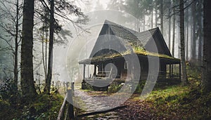 Old weathered wooden house with light in windows in the middle of spooky misty forrest