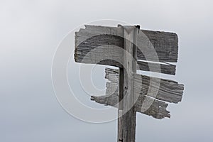 Old and weathered wooden signpost