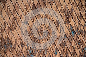 Old weathered wooden wall with ornament painted in brown and blue.