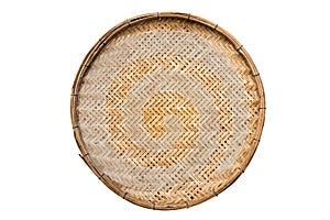 Old weave bamboo wood tray isolated on white background. Bamboo basket handmade isolated on white
