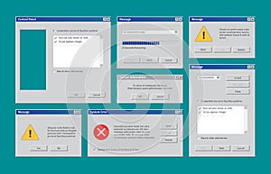 Old web ui. Retro windows user interface alert boxes pop up tabs explorer window garish vector templates collection