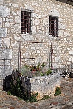 Old well with overgrown plants against a stone house in Provins, France