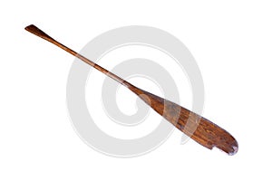 An old, well-used, partially broken oar isolated on a white background