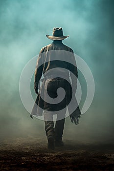 old west cowboy wearing a hat and jeans. foggy, dusty, background.