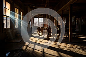 the old West nostalgia sun rays streaming into derelict saloon with chairs stacked in center. Or perhaps it\'s a movie set.