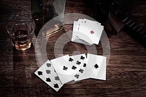 Old west poker. Dead man`s hand. Two-pair poker hand consisting of the black aces and black eights, held by Old West gunfighter photo