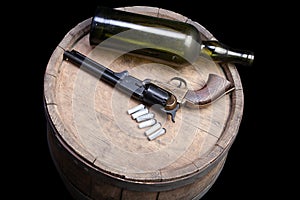 Old West Weapon - Percussion Army Revolver with paper cartidges and green glass liquor bottle