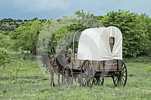 Old western covered wagon in Texas plains